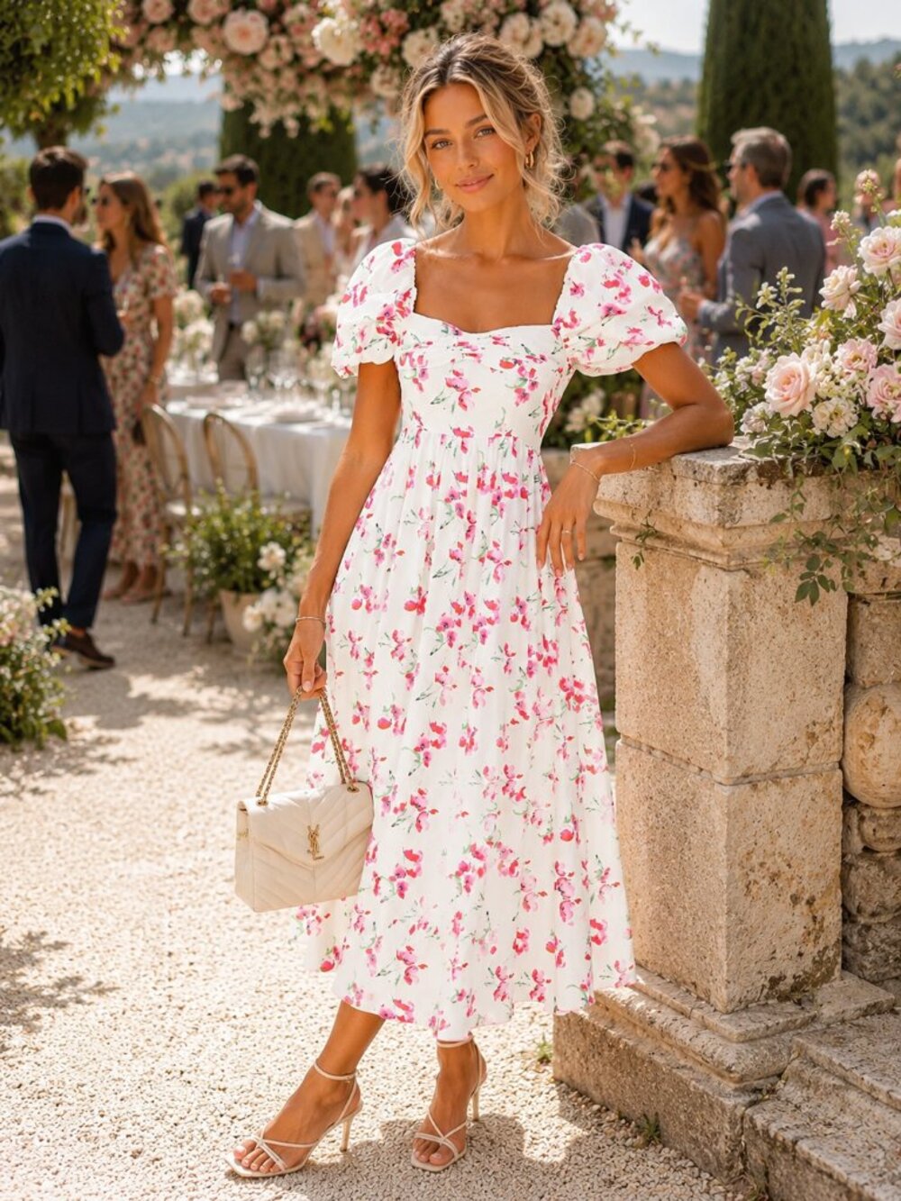 Gul Hurgel Puff Sleeve Linen Floral Midi Dress White Pink